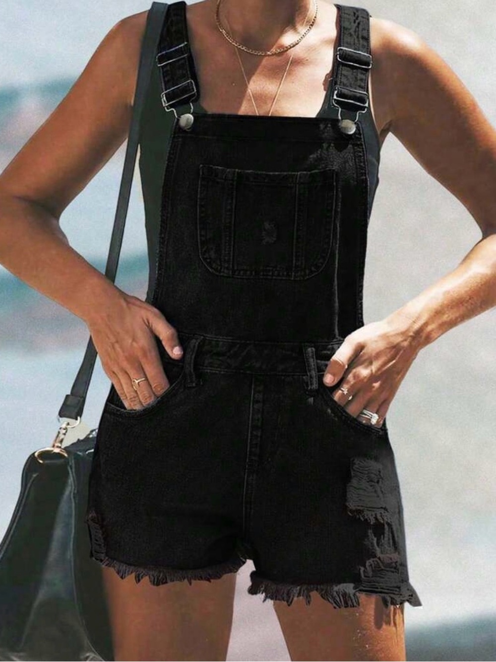 Black Denim Short Overalls - Women's Jeans